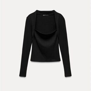 3/30$🤍 SHEIN | Black ribbed square neck longsleeve top